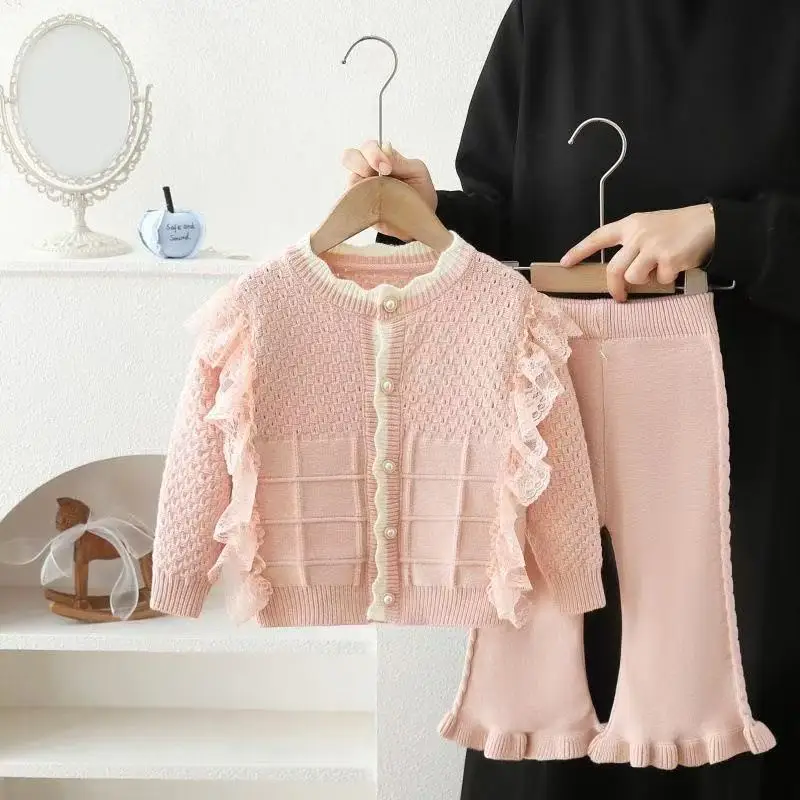 2026 Spring Autumn Girls 2 PCS Outfit Stylish Cardigan Coat With Ruffle Trim Pants Fashion Two Piece Set for Little Kids Girls