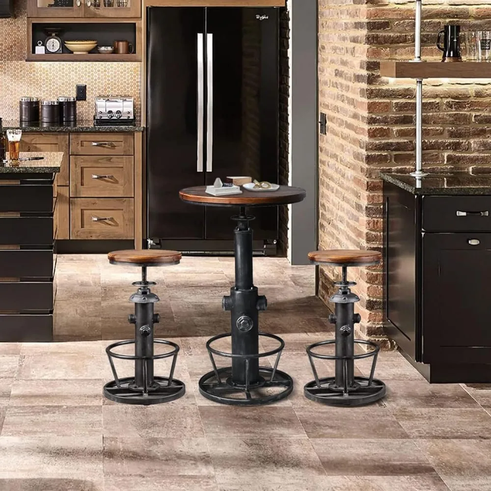 3-Piece Bar Table (38.6"-48.4") & 2 Bar Stools (24"-28") Set for Pub Kitchen Dining Living Party Bistro Breakfast, Swivel Top,