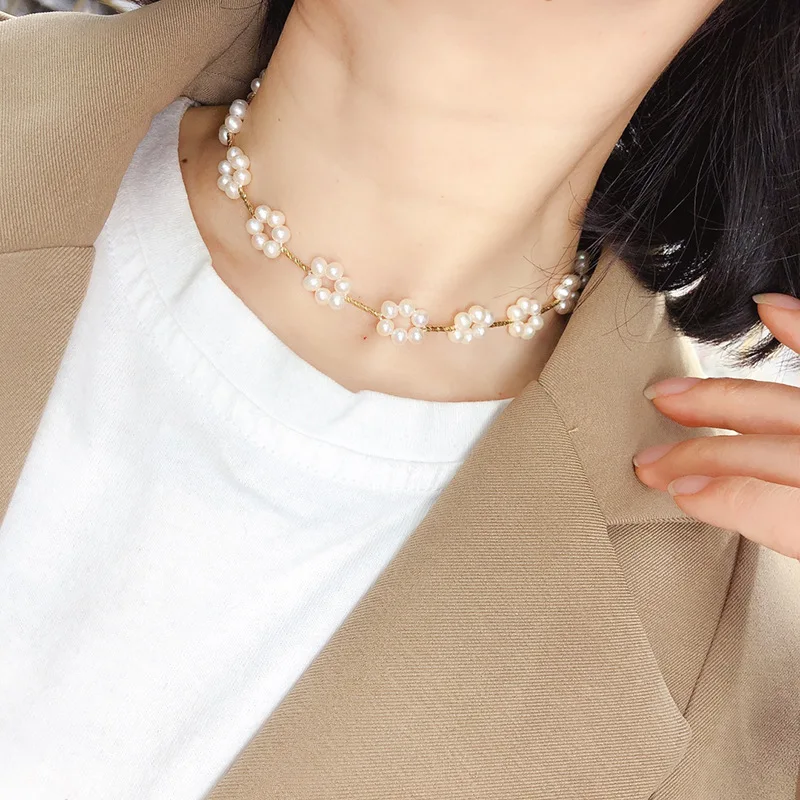 17''  Natural Cultured White Pearl Hand - Weaved Flower Choker Necklace