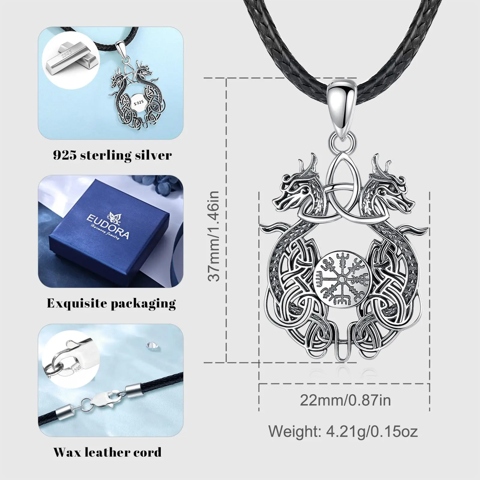يودورا 925 فضة فايكنغ التنين قلادة للرجل المرأة سلتيك عقدة البوصلة تميمة قلادة شخصية مجوهرات غرامة هدية