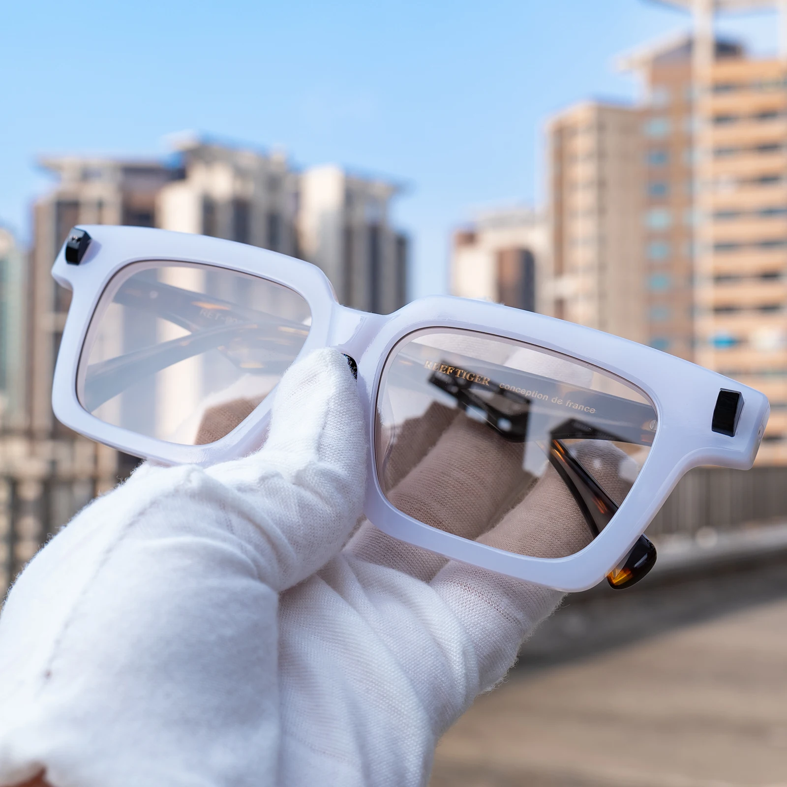 نظارات شمسية مستطيلة فاخرة من ريف تايجر للرجال، ألياف خلات بيضاء لامعة من اليشم، حماية 400 فولت، نمط مربع صغير