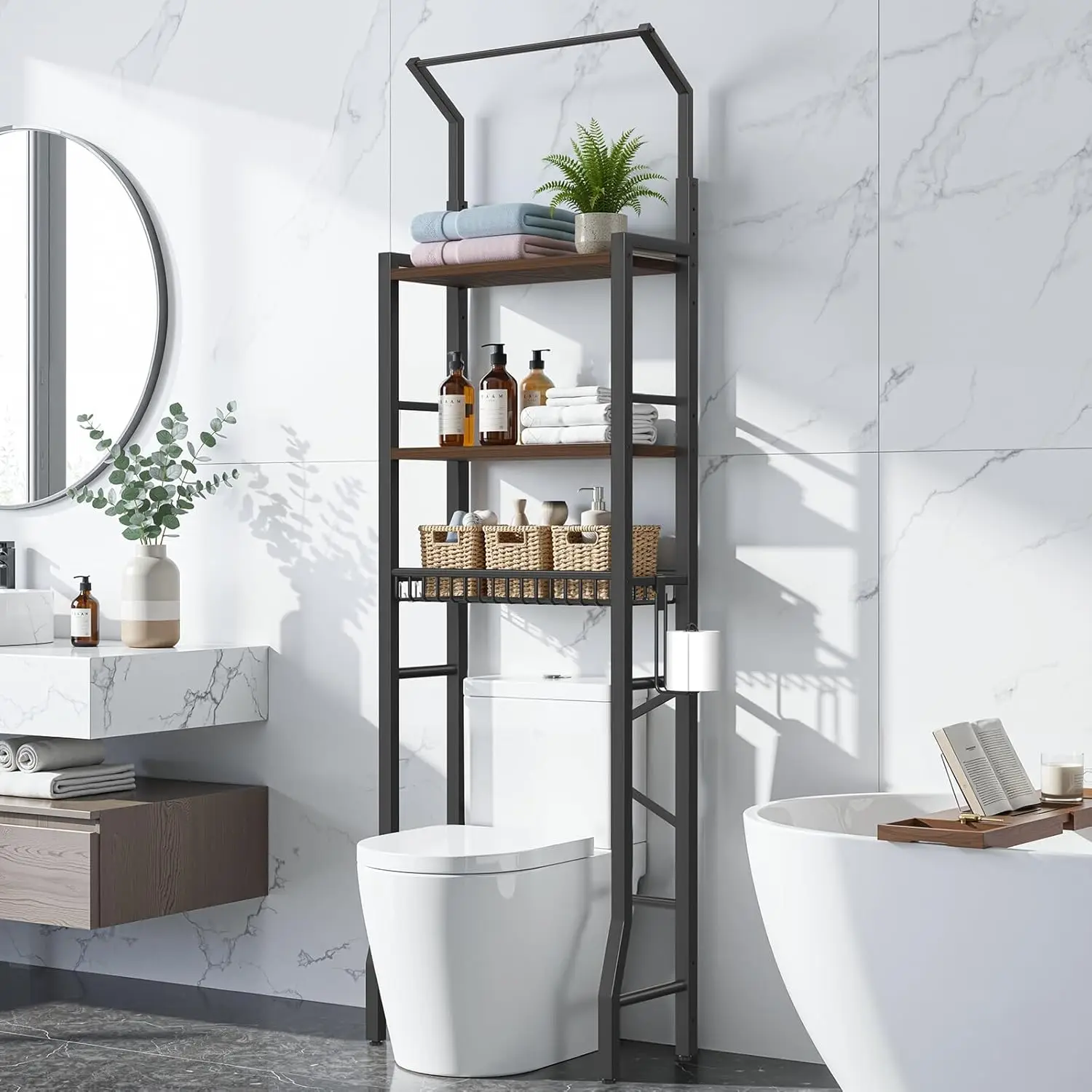 

Over-The-Toilet Storage Rack, 3-Tier Bathroom Organizer Shelf Over Toilet with Adjustable Shelf and Basket, Freestanding Spac