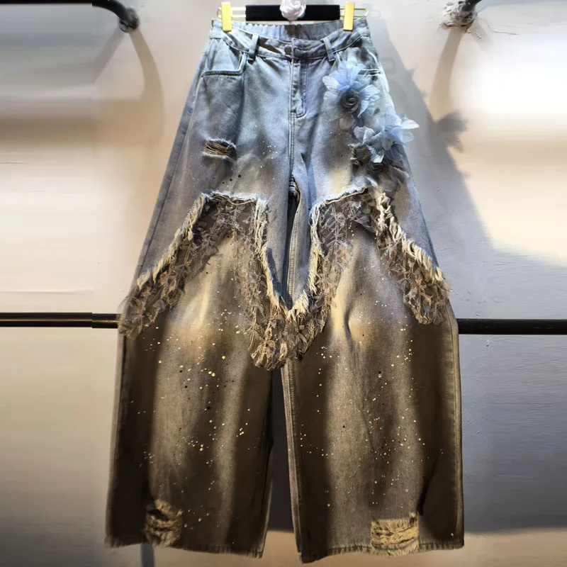

Splicing Three-dimensional Flowers High Waist Skinny Painted Inkjet Ripped Wide Leg Straight Jeans for Women, 2025 New Pants