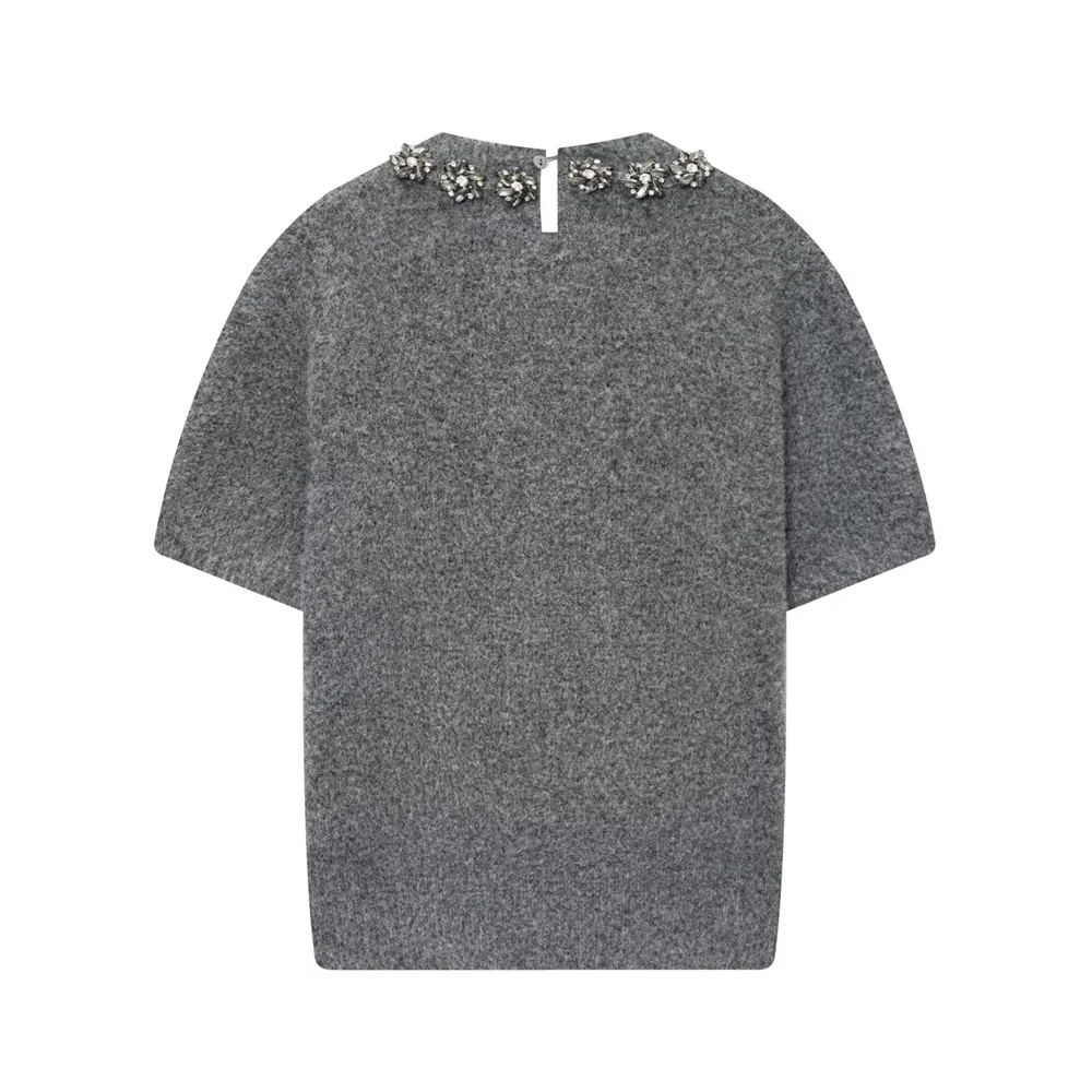 เสื้อถักแขนสั้นประดับลูกปัด คอกลม สไตล์อเนกประสงค์ แฟชั่นใหม่สำหรับผู้หญิง ฤดูใบไม้ร่วงและฤดูหนาว