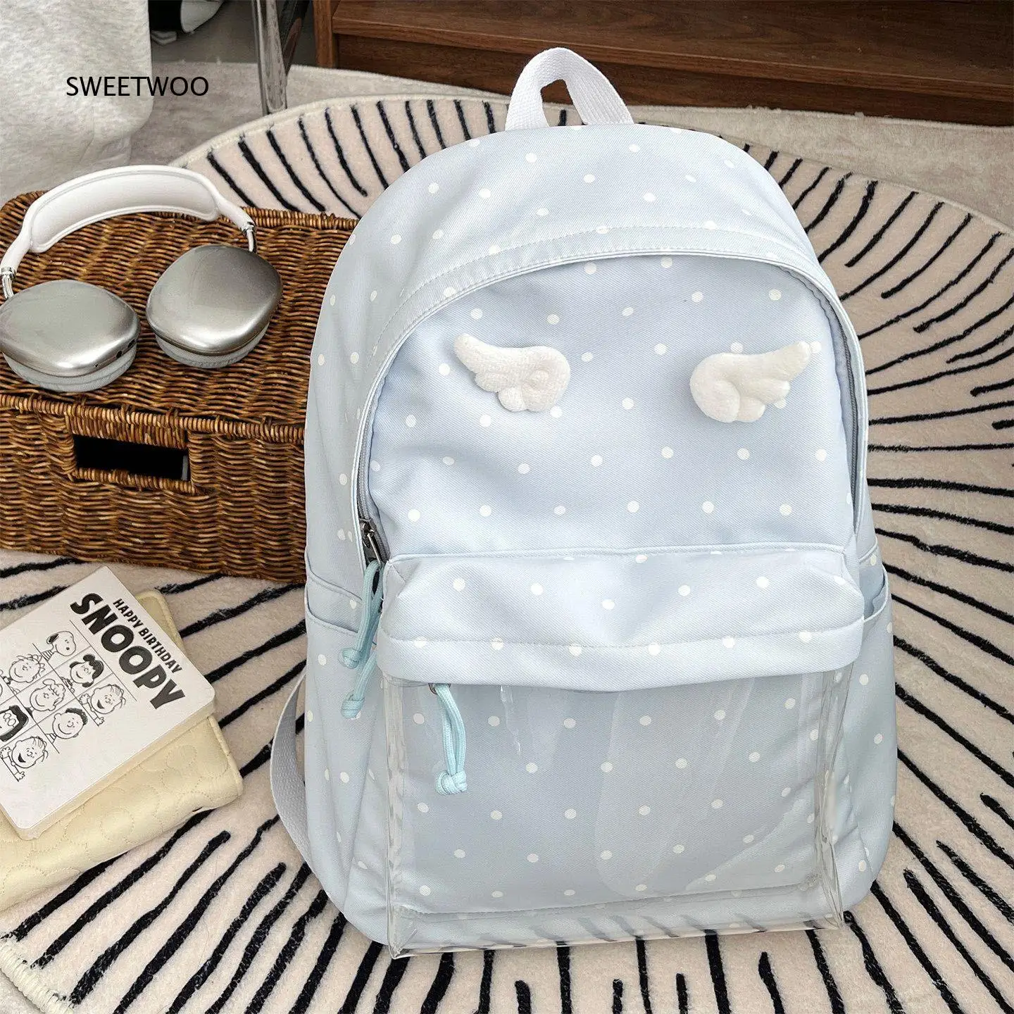 Mochila con alas de ángel 3D para niñas, nailon azul claro con lunares, con bolsillo transparente, mochila de viaje diaria para estudiantes