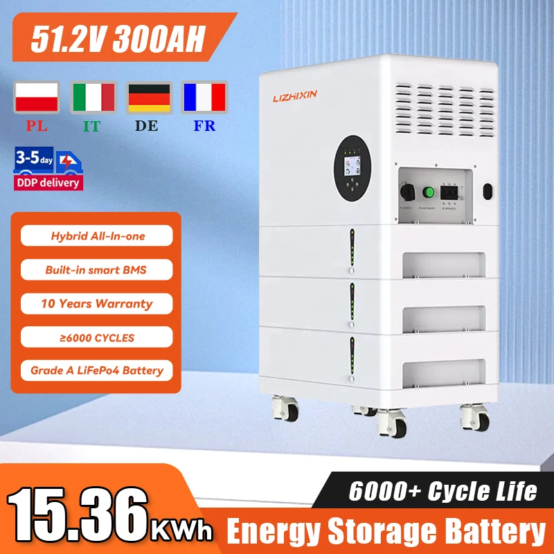 51.2V 300ah Aii in One Lithium Battery100ah 200ah 400ah LiFePO4 Battery Pack 15kw 10kw Solar Power System