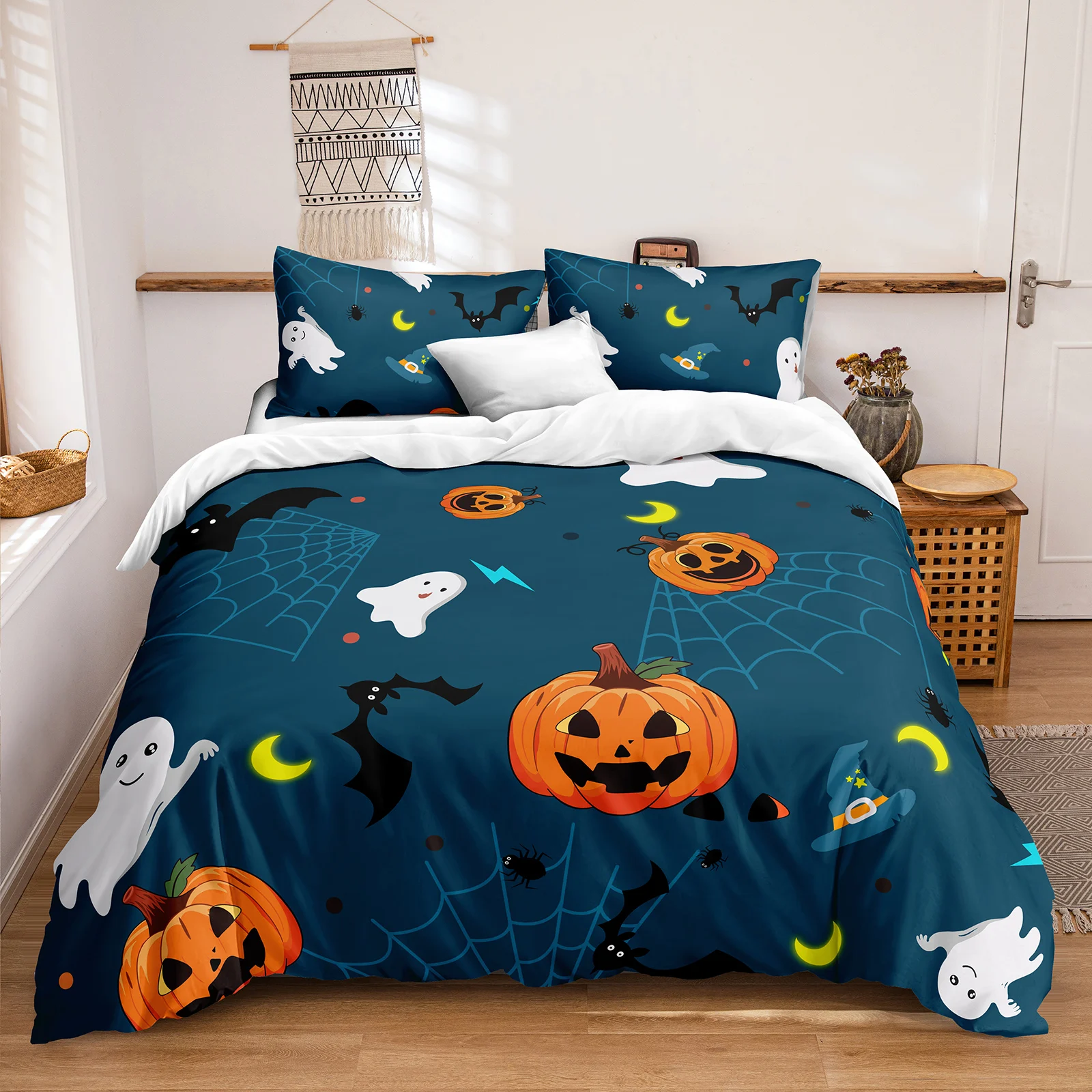 Blue Halloween Bedding Set Cartoon Pumpkin Duvet Cover Set Happy Ghost Bedding Set Kids Boys Girls Halloween Duvet Cover Set