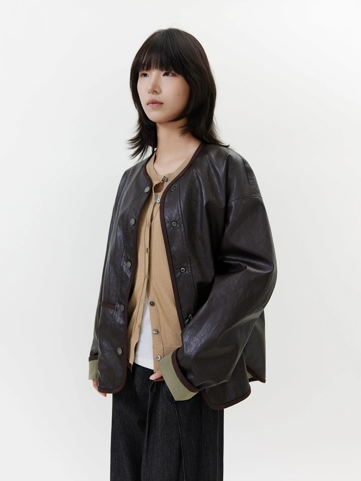 Seei Spring New Two-Sided Wear Environmental Oil Wax Leather round Ne oulder-Drop Suede  Jaet Women Vintage Sle S...