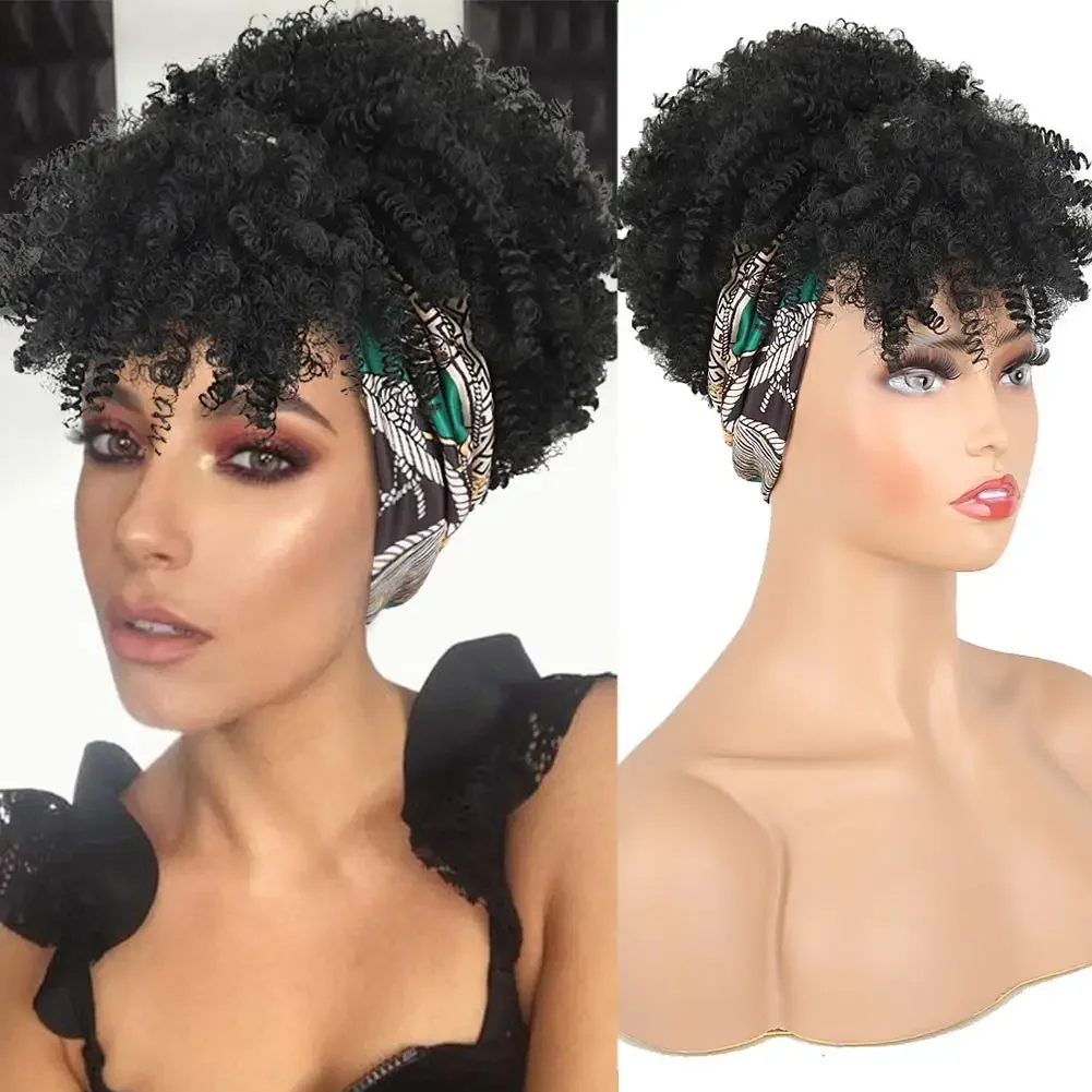 Black female curly hair wig, tassel wrapped wig, synthetic 2-in-1 short African curly hair wig, with headband attached