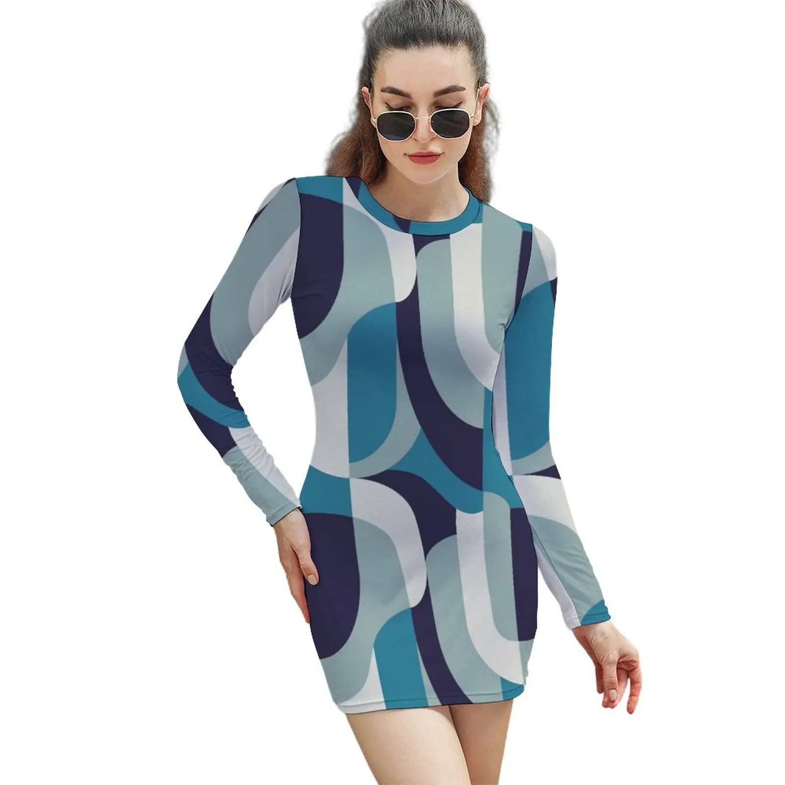 

Robins Egg Blue Abstract Retro Pattern Long-Sleeved Sheath Dress women's elegant loose dresses cocktail dresses