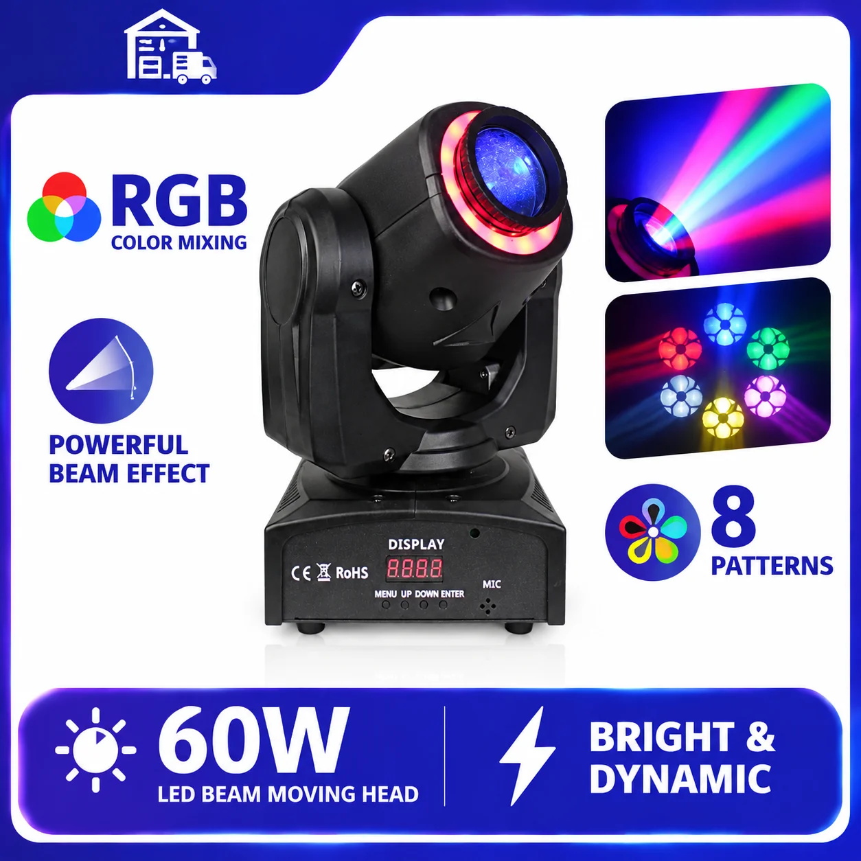 60W LED Beam Moving Head RGB Mieszanie Kolorów 8 Wzorów DMX512 Obrotowe Światło Efektowe Sceniczne do DJ Show, Imprez, KTV, Barów, Diskotek