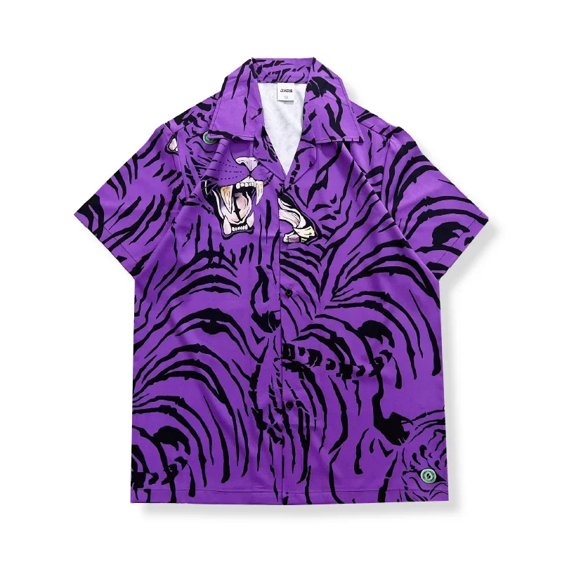 

Dark Icon Purple Tiger Hawaiian Shirts Men Summer Button Down Collar Men's Shirts Male Top