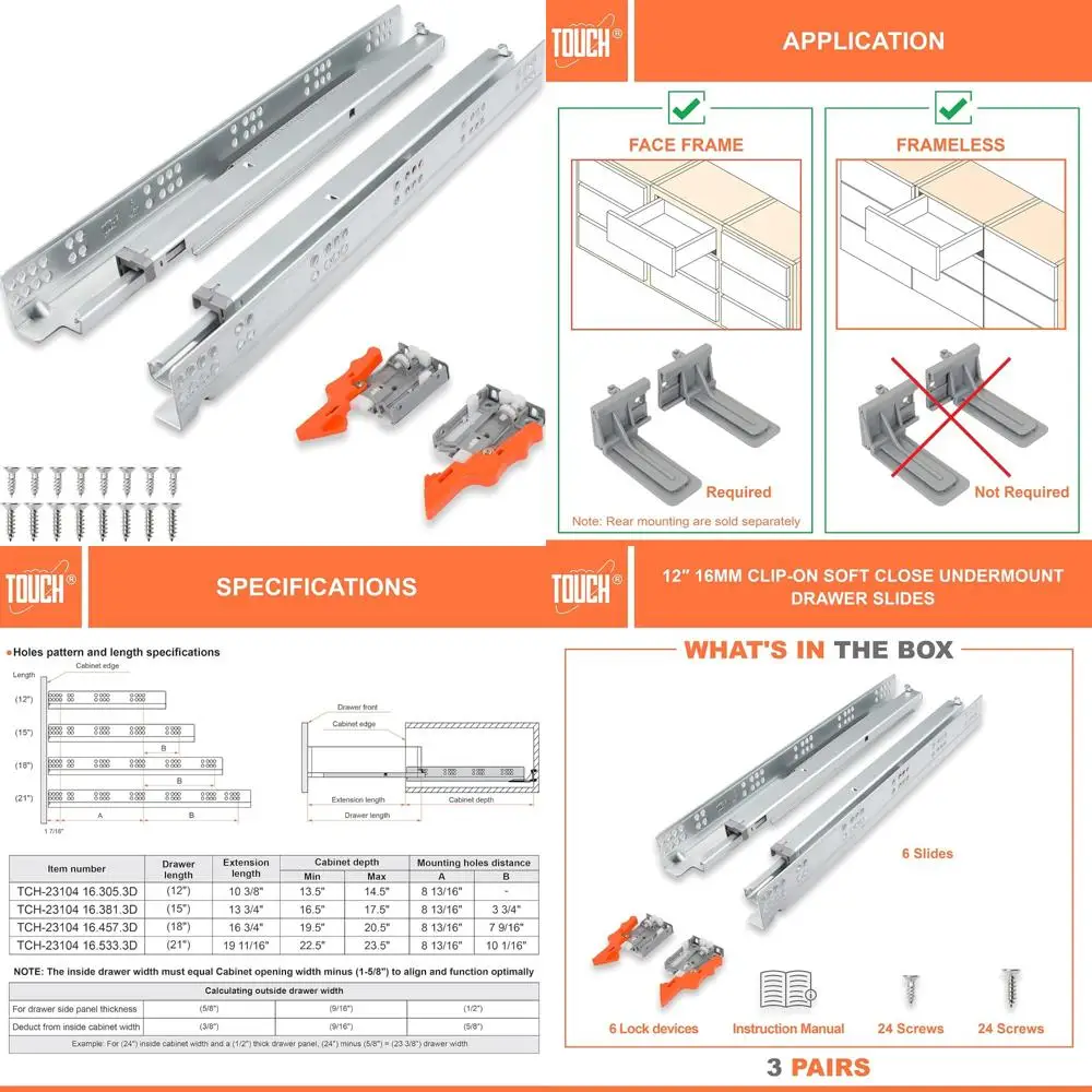 

Undermount Drawer Slides, Soft Close, 3 Pairs, 12 Inch, Suitable for 1/2 and 5/8 Inch Side Panels, Kitchen Concealed Drawer Syst