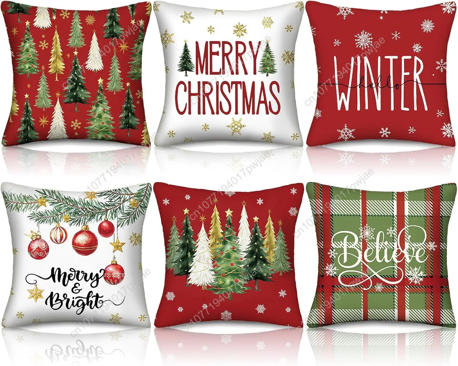 

6 Set Red Christmas Throw Pillow Covers Winter Watercolor Pillow Cover 18 x 18 Inch Holiday Cushion Case Decoration Seasonal Dec