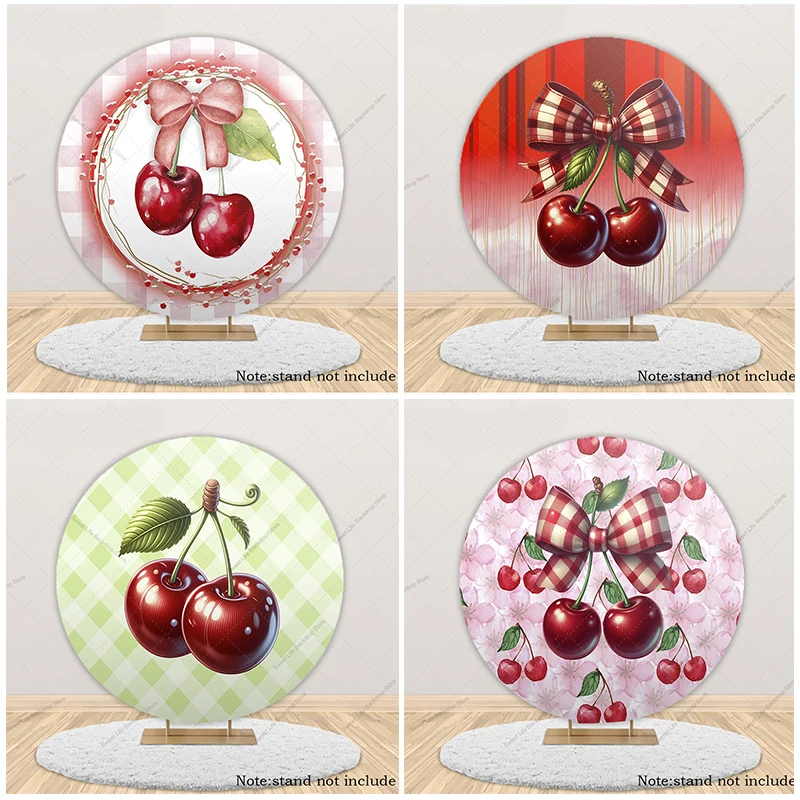 

Pink Bow Cherry Themed Circle Backdrop Cover Girl Birthday Baby Shower Party Round Background Decoration
