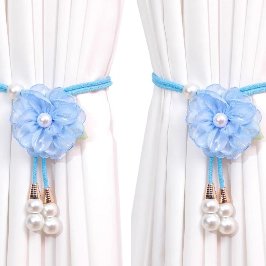 2Pcs Adjustable Pearl Flower Curtain Tieback Floral Punch-free Curtains Tie Rope Colorful Curtain Fixer Clip Home Decoration