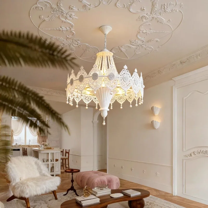 Chandelier living room French retro pearl simple lamp light luxury warm romantic art decoration hall lamp
