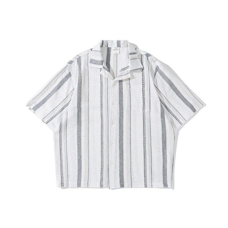 Men Japanese Vintage Cuban Collar Stripe Summer Streetwear Loose Casual Shirt Cityboy Oversize Beach Shirts Blouses