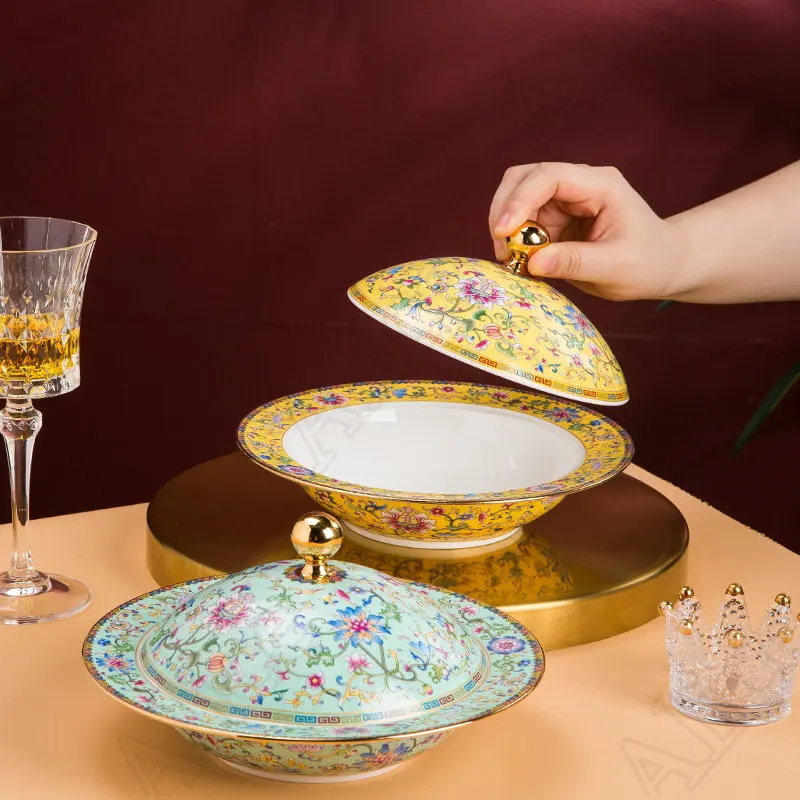 Jingdezhen Enamel Color Ceramic Plate with Lid Chinese Style Embossed Texture Dinner Plates Upscale Hotels Gold Stroke Tableware