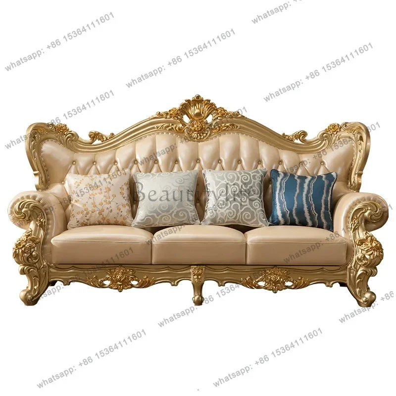 

LJYEuropean leather sofa combination 123 leather sofa solid wood carving flower first layer cowhide princess living room