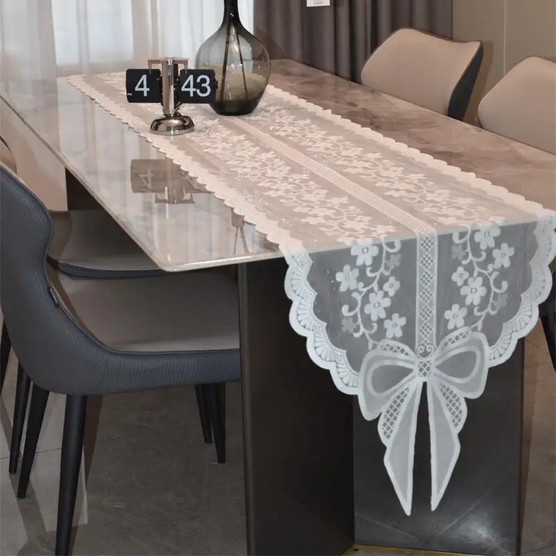 

1Pcs 45*255cm French Semi Transparent Lace Tablecloth Dining Table Decor Romantic Tassel Bow Table Flag Banquet Wedding Decor