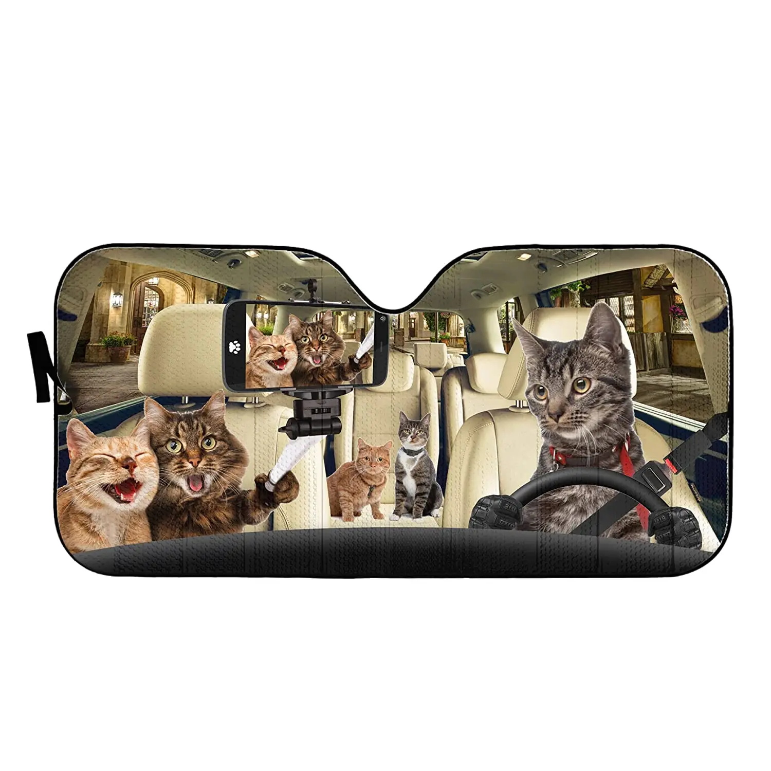 Selfie Cat Couple Sunshade Tabby Cat Driver Windshield Sun Shade for Car, Funny Amazing Pet Cat Auto Front Window Shade Visor