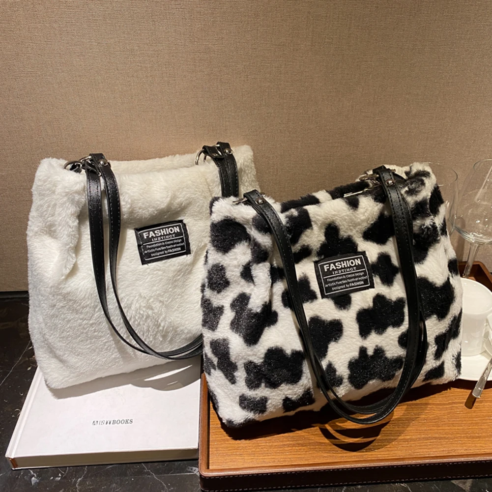 Women Faux Fur Handbag Versatile Furry Shoulder Bag Zebra/Cow Pattern Fluffy Satchel Bag Plush Tote Bag Commuting Bag Hobo Bag