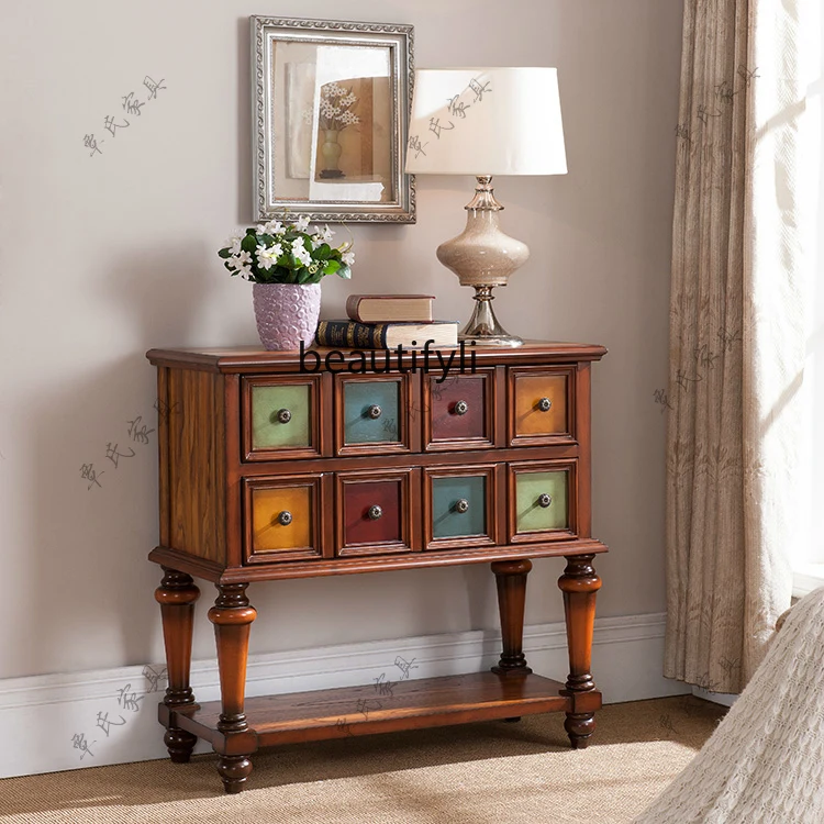 American Style Console Tables Solid Wood Vintage Painted European Style Corridor Aisle Color Desk against the Wall