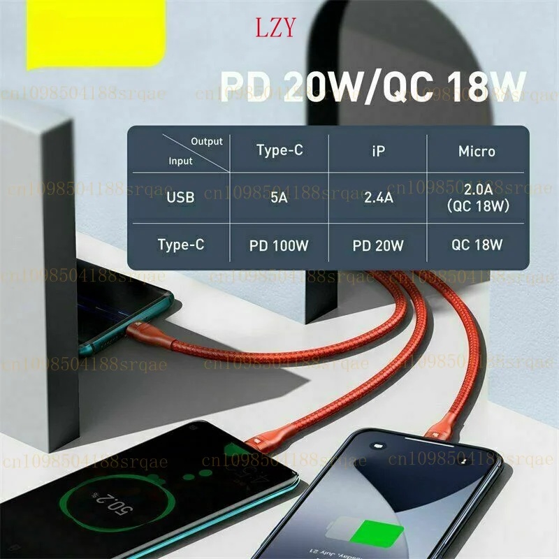 für Baseus 100W 3 in 1 USB C Schnellladekabel für iPhone 15 für Huawei für Xiaomi für Samsung