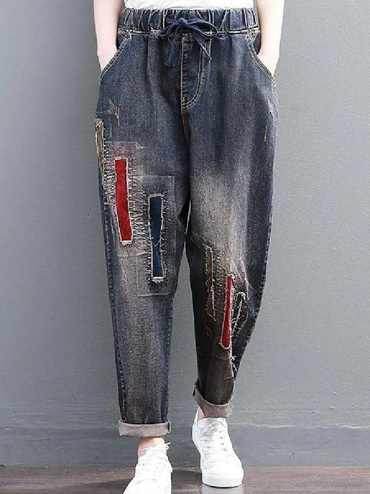 

Женские свободные джинсы-шаровары в этническом стиле с вышивкой в стиле ретро, длинные брюки с высокой талией, лоскутное шитье, художественный дизайн со свободной талией