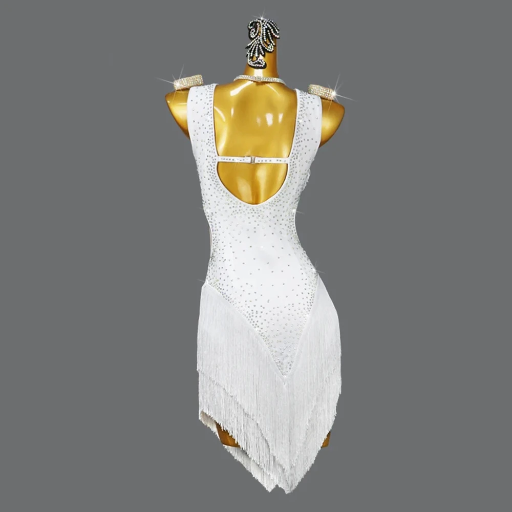 Latin Dance Kleidung Bühnenkostüme Damen Kleid Ballsaal Praxis Sexy Prom Outfit Mädchen Quaste Weiße Röcke Party eleganter Anzug