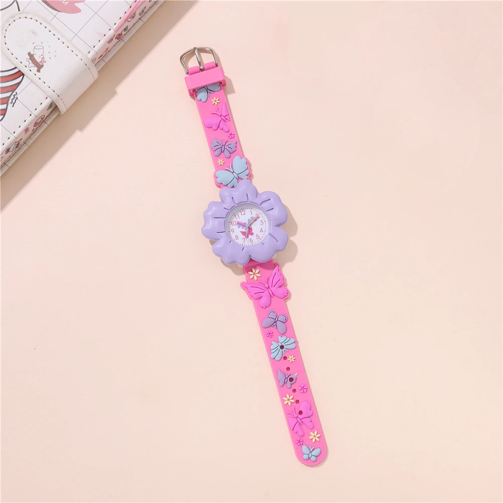 Montre en silicone pour enfants, cadran à fleurs, bracelet papillon coloré, cadeau pour filles
