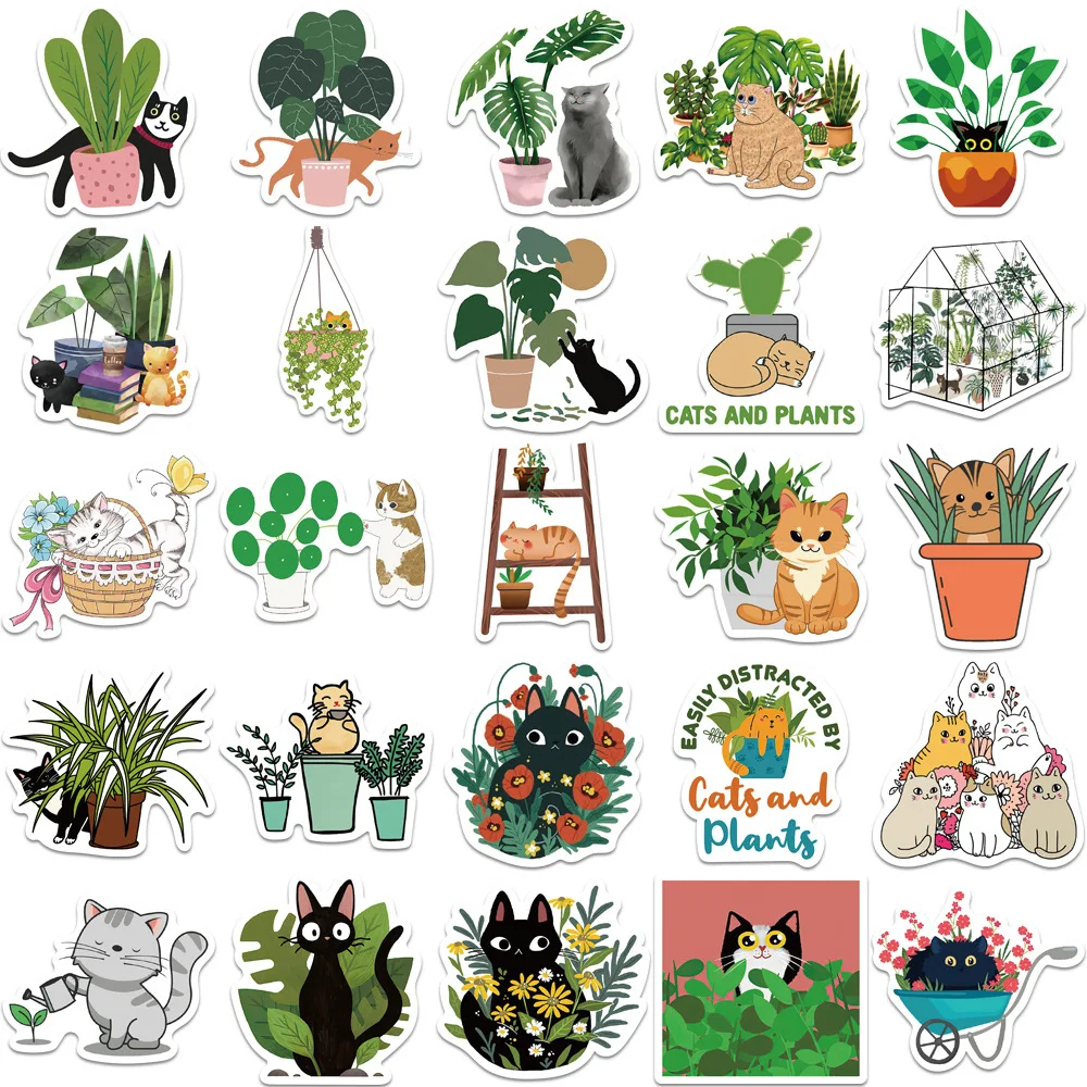 50 pcs/set Kawaii Black Cat Pot Plants PVC Waterproof Stickers Scrapbooking Diy Journal Stationery Cute Sticker Pack Aesthetic