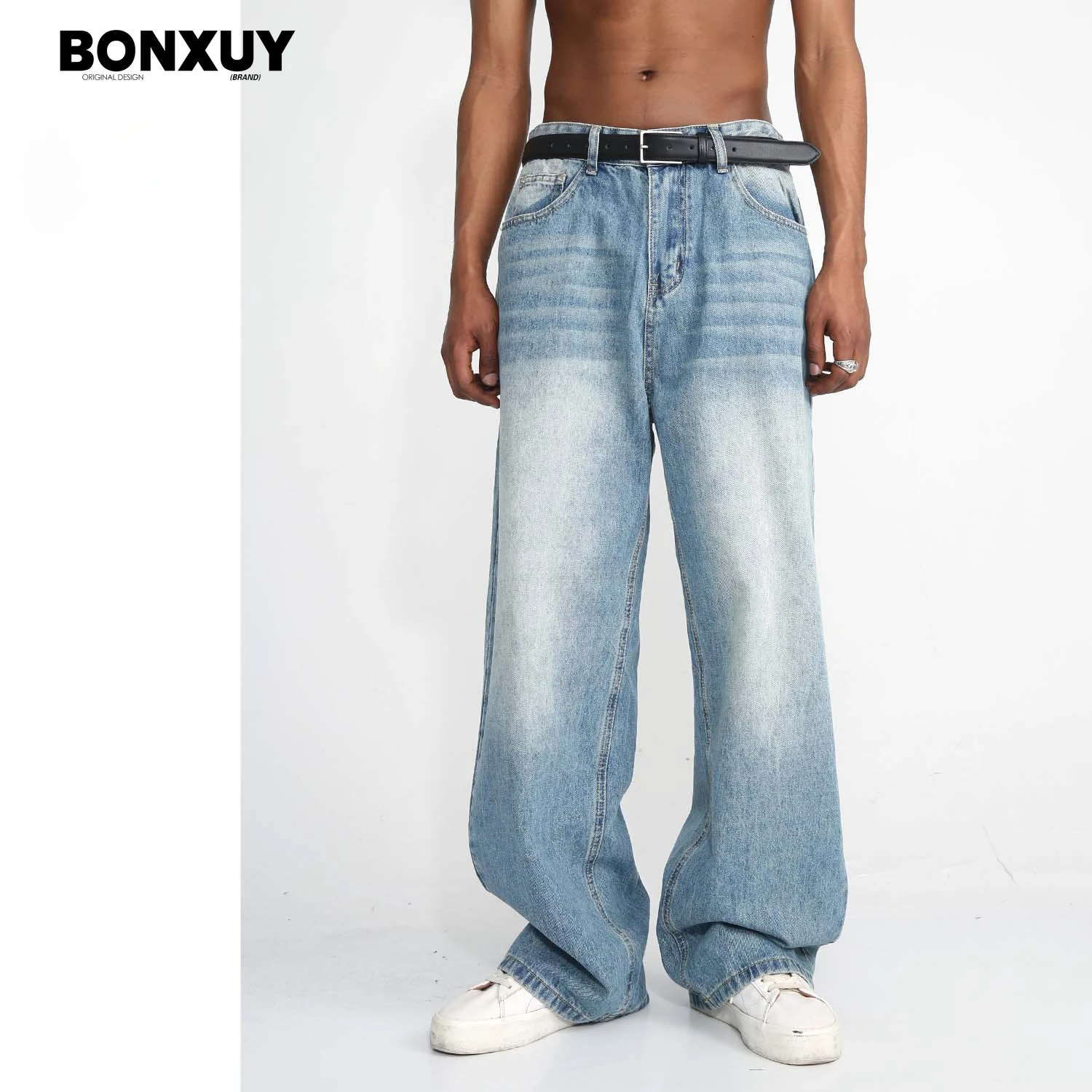 

BONXUY Light blue Korean style versatile straight wide leg baggy jeans for men with whiskered distressed casual trousers