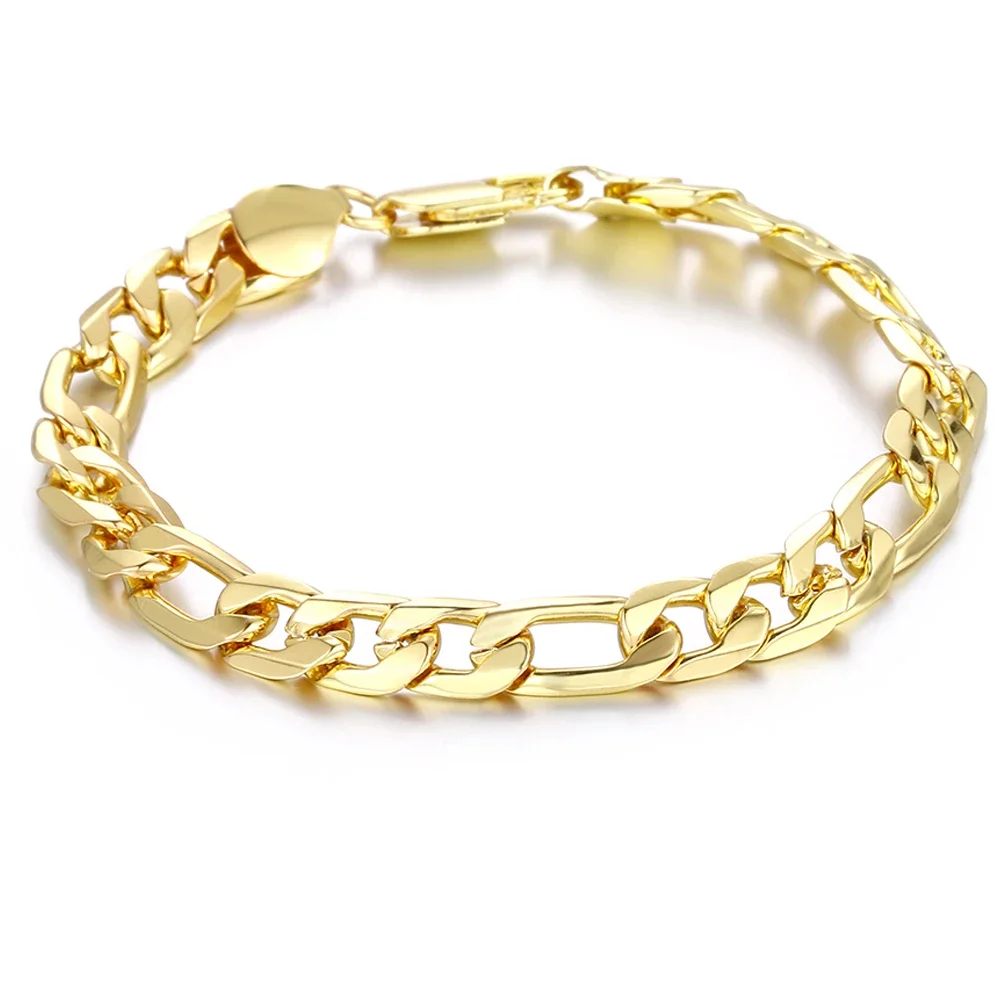 8 Inch Gold Bracelet 8MM Gold/Silver Color Full Side Figaro Chain Bracelet for Woman Man Fashion Wedding Jewelry Gift