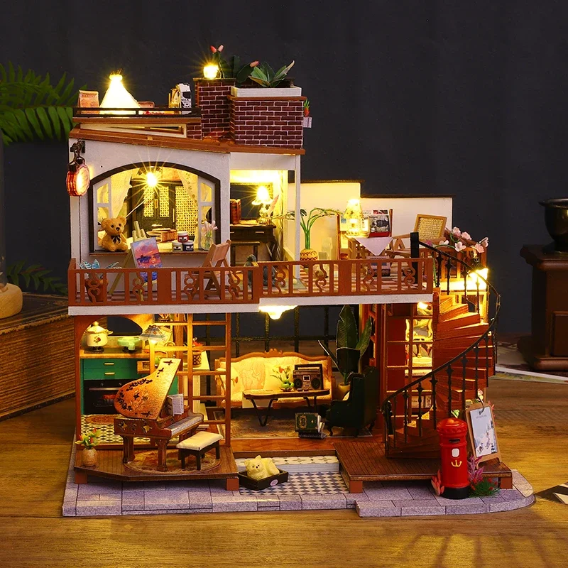 

DIY Wooden Modern Loft Dollhouse Casa Doll Houses Miniature Building Kits with Furniture Light Toys for Adults Birthday Gifts