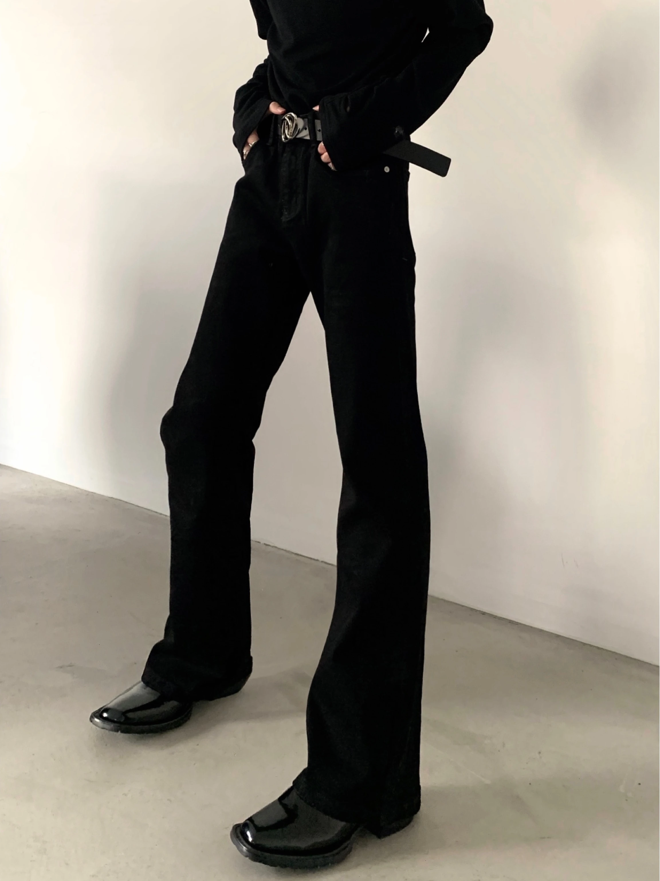 High Waist Black Denim Jeans Men's Slim Fit American High Street Vibe Micro Flared Jeans Cleanfit Basic Autumn Mountain Wind