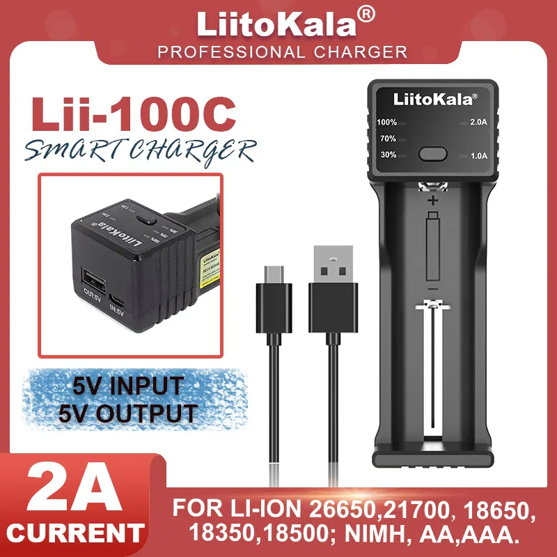 LiitoKala inteligente Charger Lii-100C 2A USB output for 21700 18650 18350 26650 16340 14500 3.7V 1.2V Ni-MH Ni-Cd