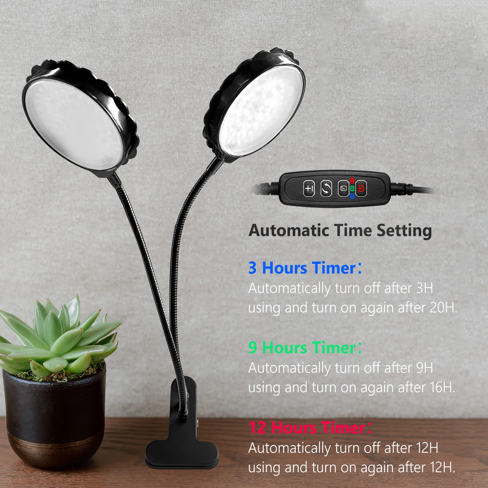 HoldPeak HP-GLTR01 Dual Head LED Grow Light with Soil Tester, Full Spectrum 3 Modes Timer Dimmable Clip Lamp for Indoor Plants