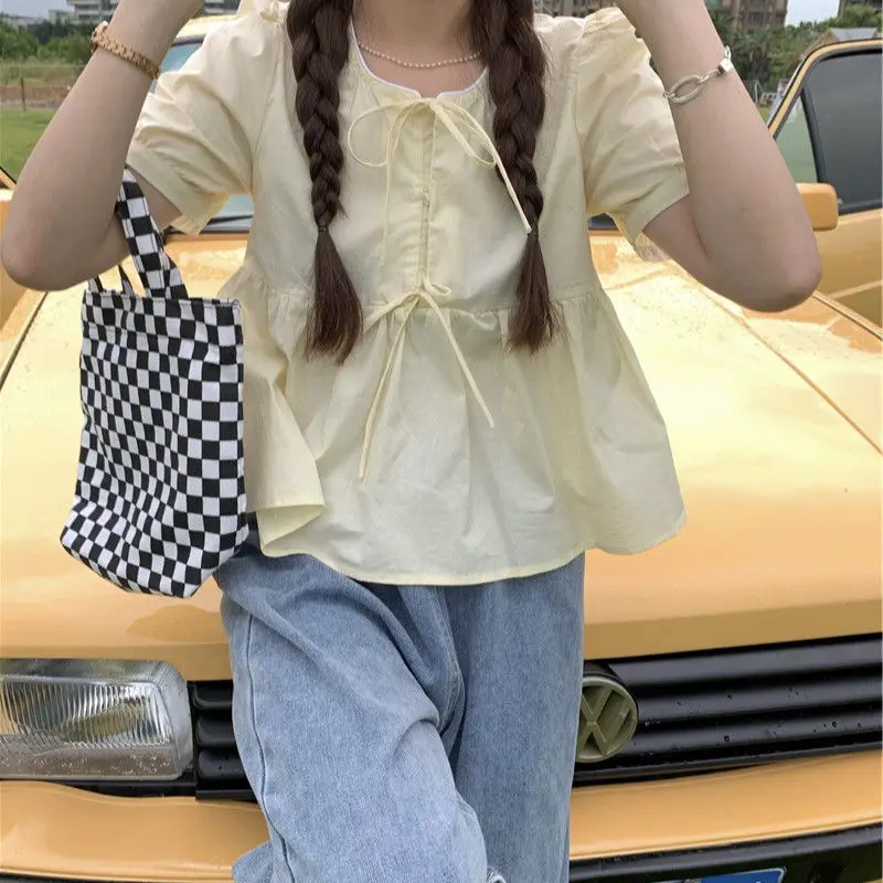 

Ruffles Shirts and Blouses Korea Short Sleeve Top Women 2024 Summer Lace-up Sweet Blouses Cute Elegant Solid Sweet Folds Clothes