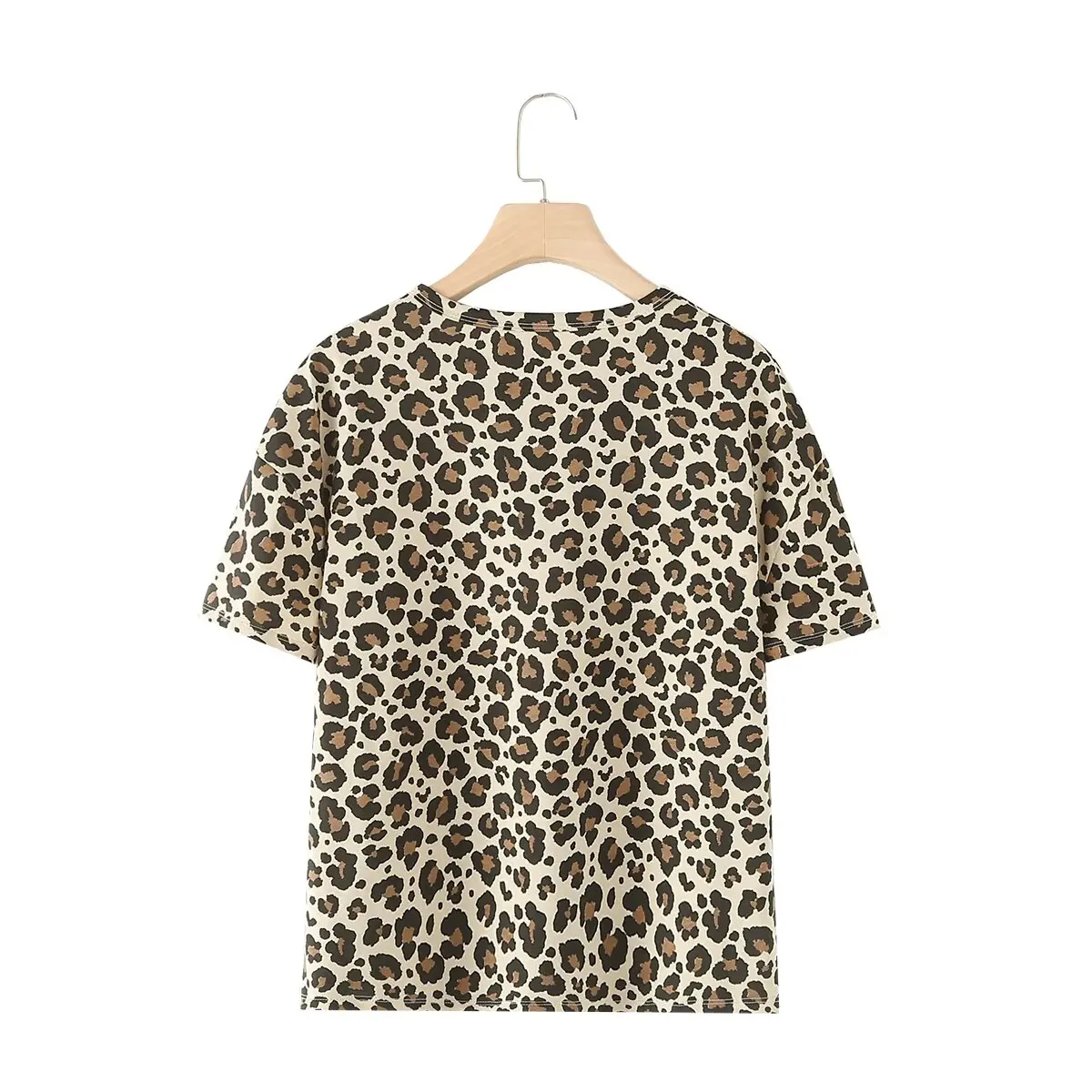 2024 ZAR4 Summer New Women\'s Simple and Versatile Round Neck Short Sleeve Leopard Print T-shirt Casual Top