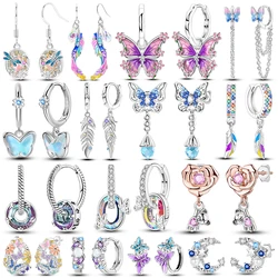 925 Sterling Silver Rose Bear Glazed Flower Butterfly Dragonfly Earrings Zircon Making Jewelry for Women Wedding Party Gifts