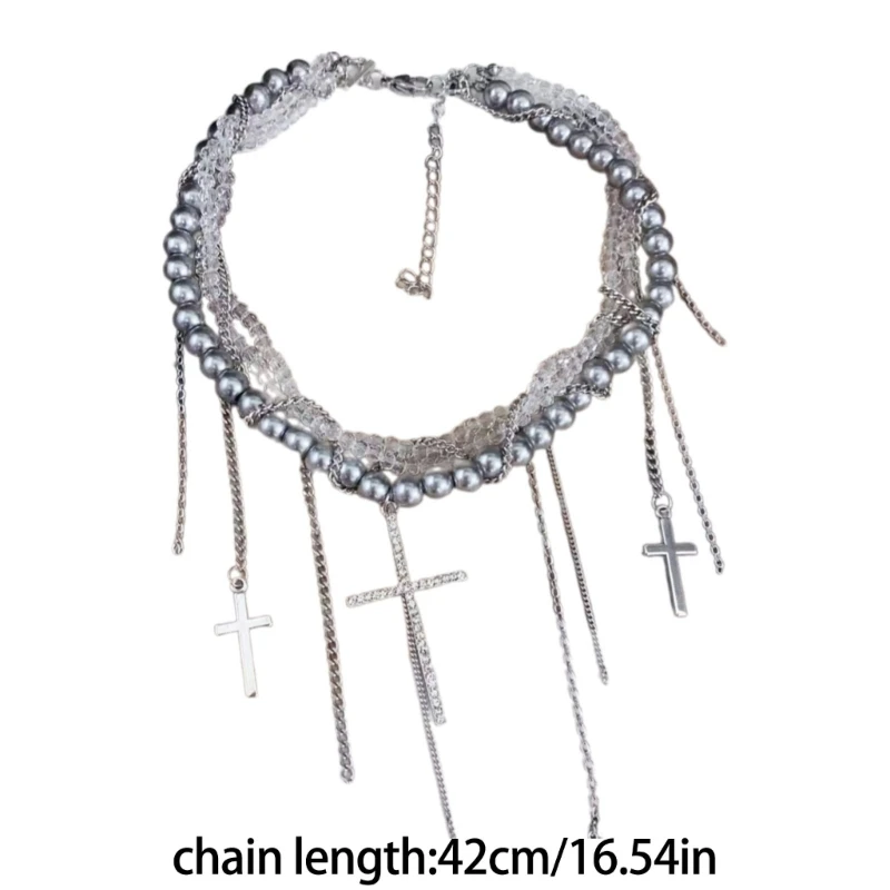 Trendy Pearls Chain Necklace with Cascading Tassels Crucifix Pendant Neckchain Jewelry Adjustable Length Women Choker