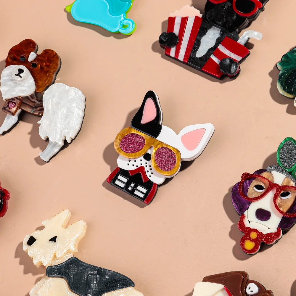 New Acrylic Cute Glasses Pet Dog Brooches for Women Lovely Cartoon Animal Cocker Spaniel Pins Lapel Badges Fashion Jewelry Gifts