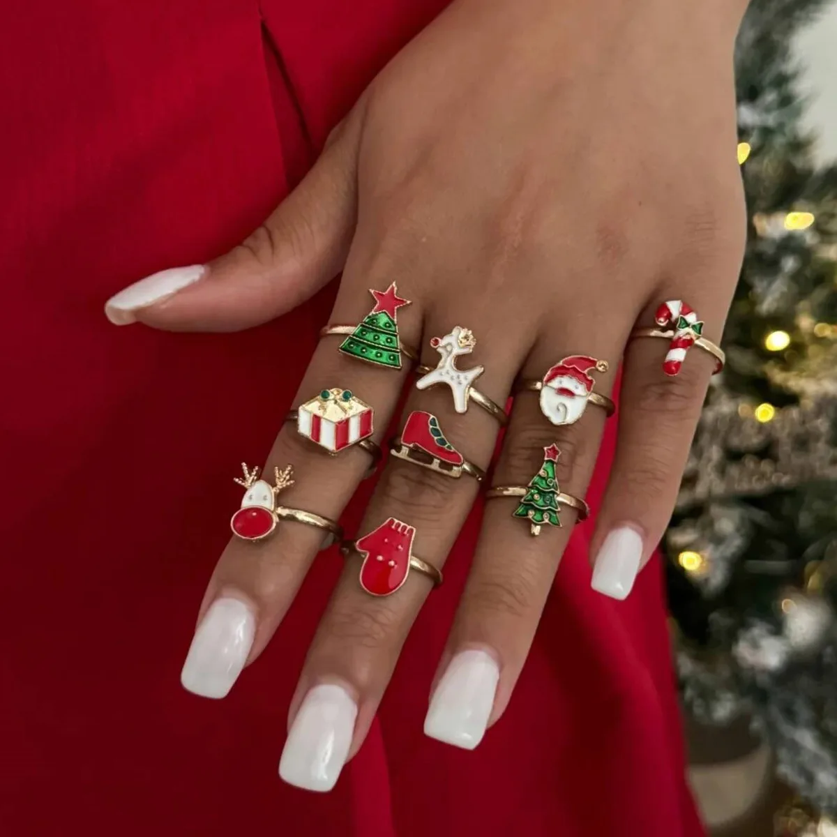 

KunJoe 9pcs/set Cute Christmas Tree Adjustable Rings Women Trendy Santa Claus Elk Gold Color Knuckle Rings Set Christmas Gifts