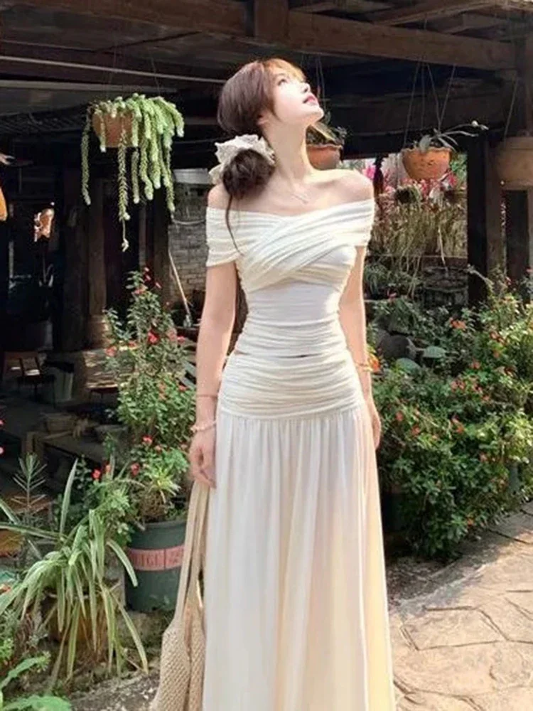 

Apricot Elegant Slim 2 Piece Sets Women Hotsweet Elastic One Shoulder Bodycon Tops Fashion Soft Casual Lady A Line Long Skirt