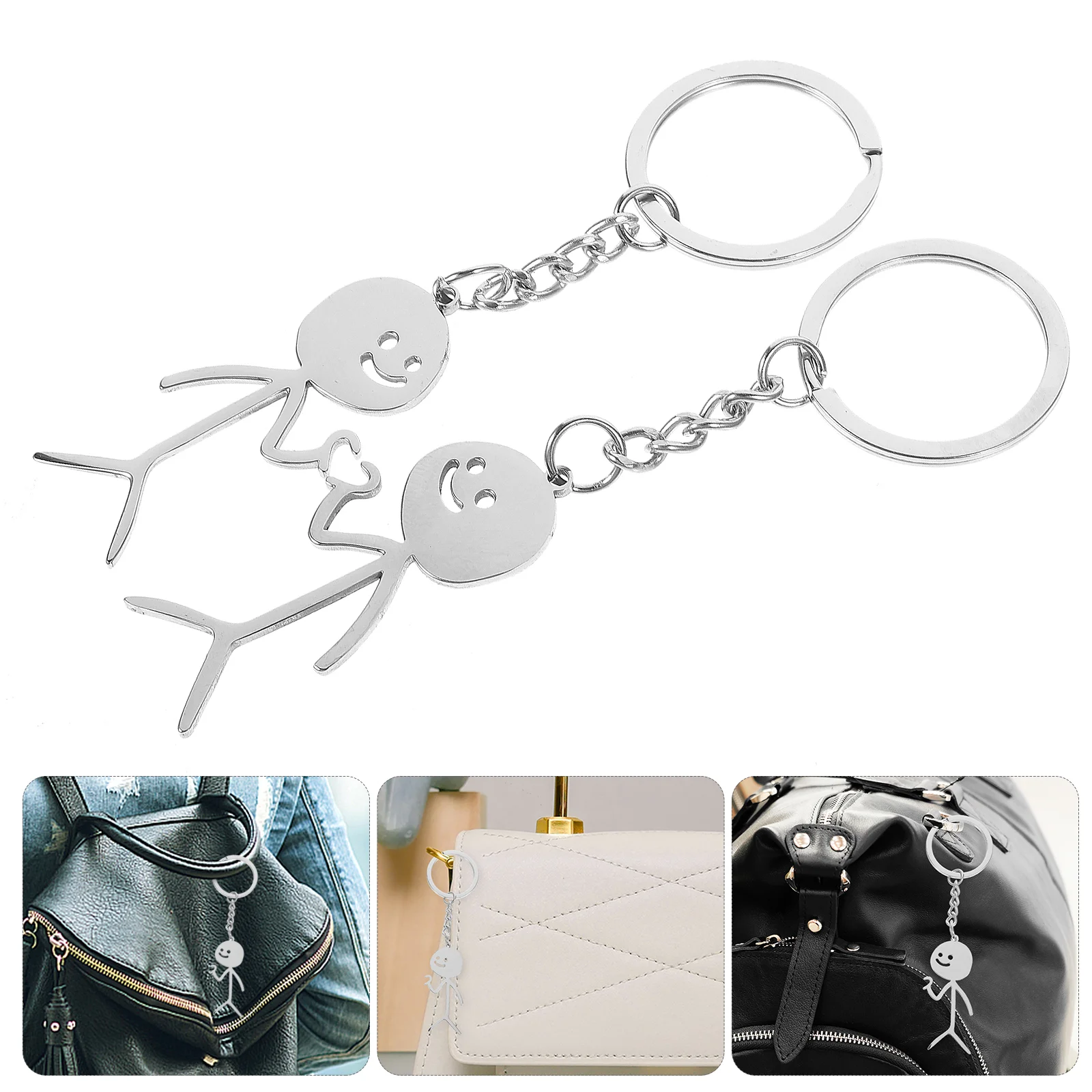 2 Pcs Cartoon Keychain Chains for Women Bag Pendant Ring Doodle Man Cute Stainless Steel with Lovers Decorative