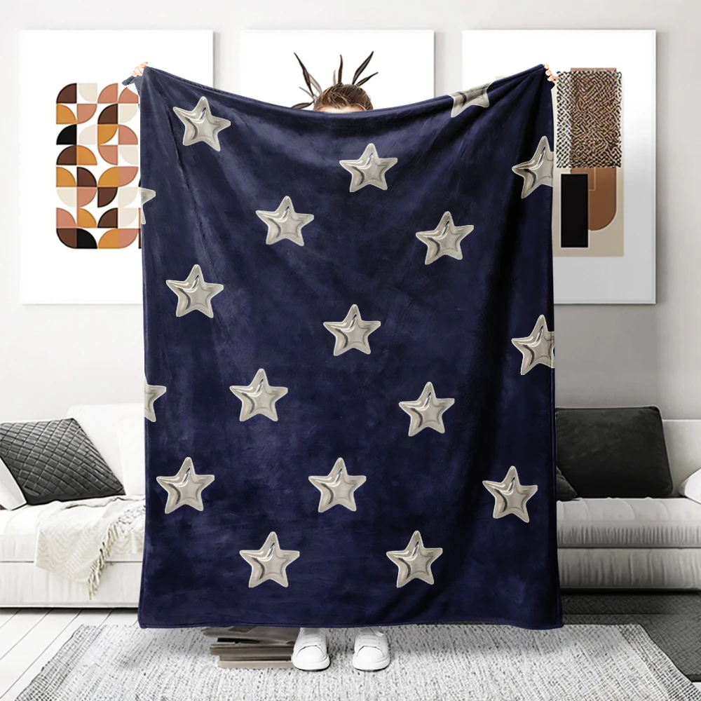 Navy Silver 3D Stars Flannel Blanket Perfect For Sofa Office Bed Travel Sleep Read Relax Camping Four Season Use