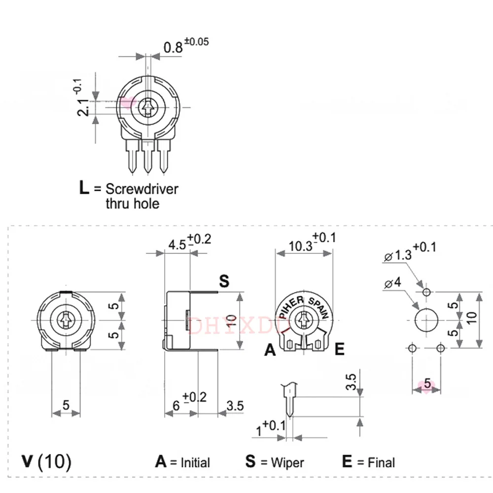 5pcs PT10 Adjustable Resistance Potentiometer 1K 2K 3K 5k 10k 20k 50k Horizontal Arrow Hole Potentiometer PIHER PT-10