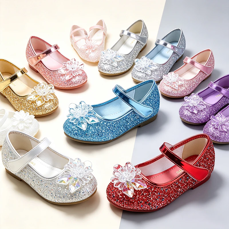 Shiny Sequin Girls Glitter Princess Mary Jane Shoes Sparkly 3D Crystal Flower Halloween Cosplay Birthday Party School Flat Shoes